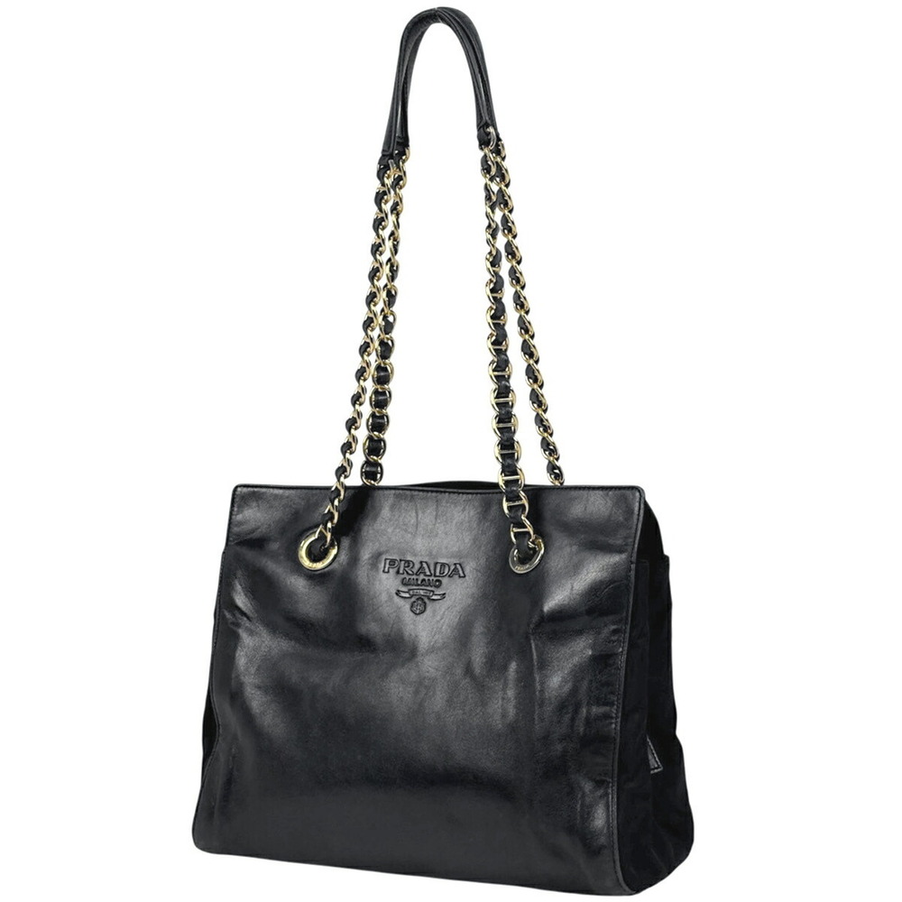 Prada Logo Chain Tote Bag Shoulder Nero Black